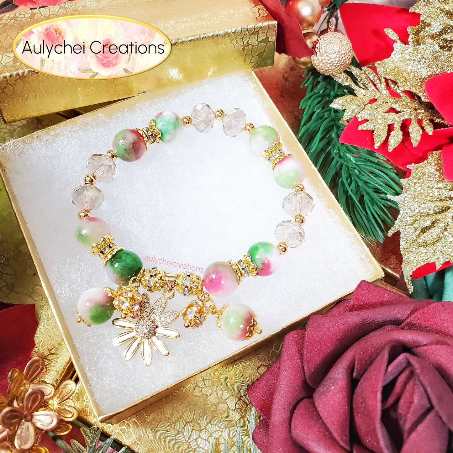 Watermelon Jade Gemstone Bracelet with Daisy Enamel Charm