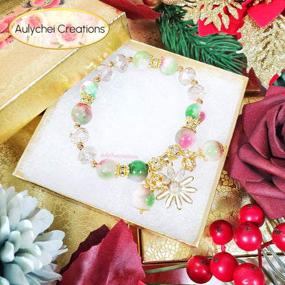 Watermelon Jade Gemstone Bracelet with Daisy Enamel Charm