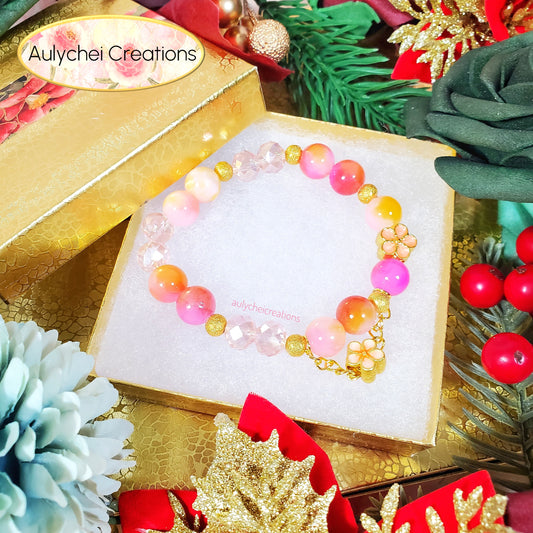 Pink Yellow Jade Gemstone Bracelet with Sakura Blossom