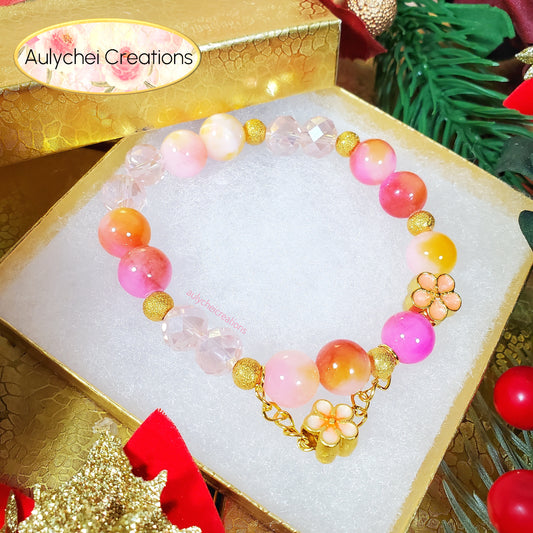 Pink Yellow Jade Gemstone Bracelet with Sakura Blossom