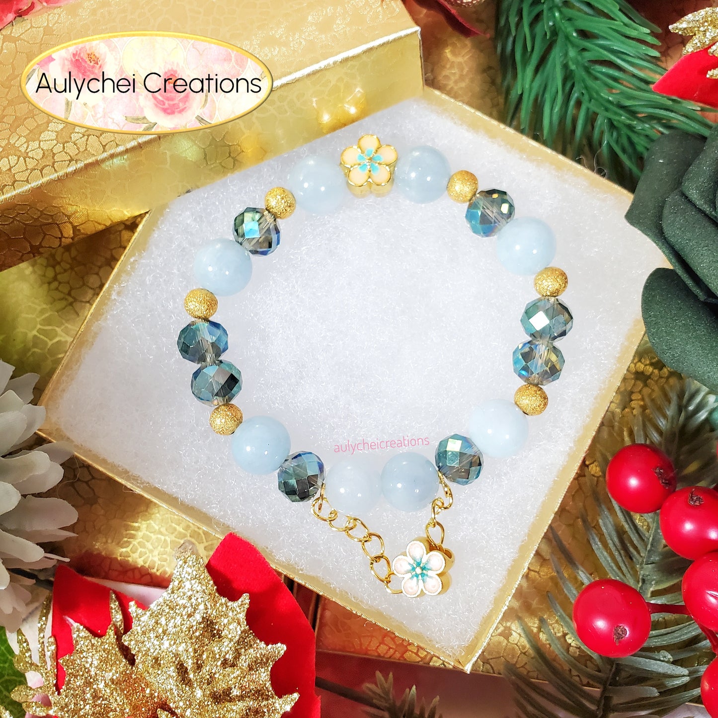 Blue Chalcedony Gemstone Bracelet with Sakura Blossom