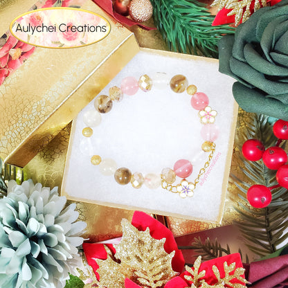 Watermelon Jade Gemstone Bracelet with Sakura Blossom