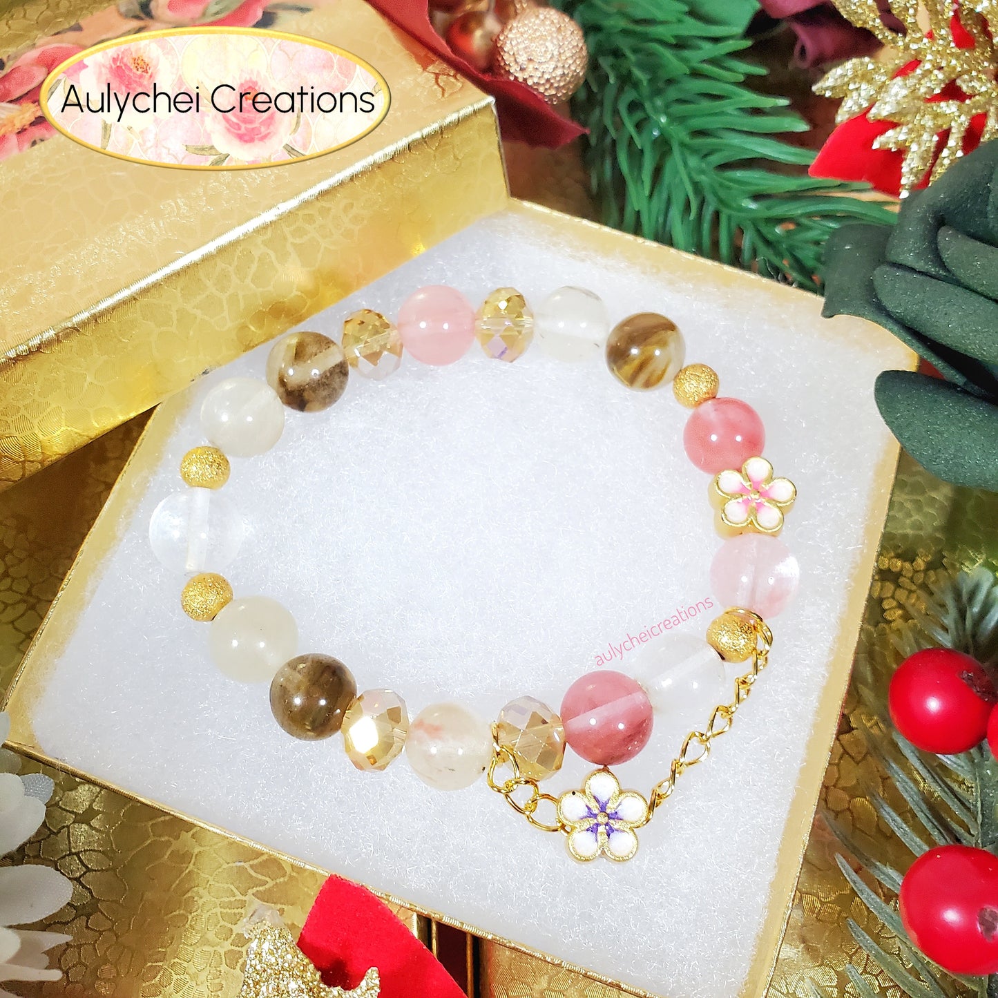 Watermelon Jade Gemstone Bracelet with Sakura Blossom