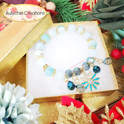 Blue Chalcedony Gemstone Bracelet with 18K Daisy Enamel Charm