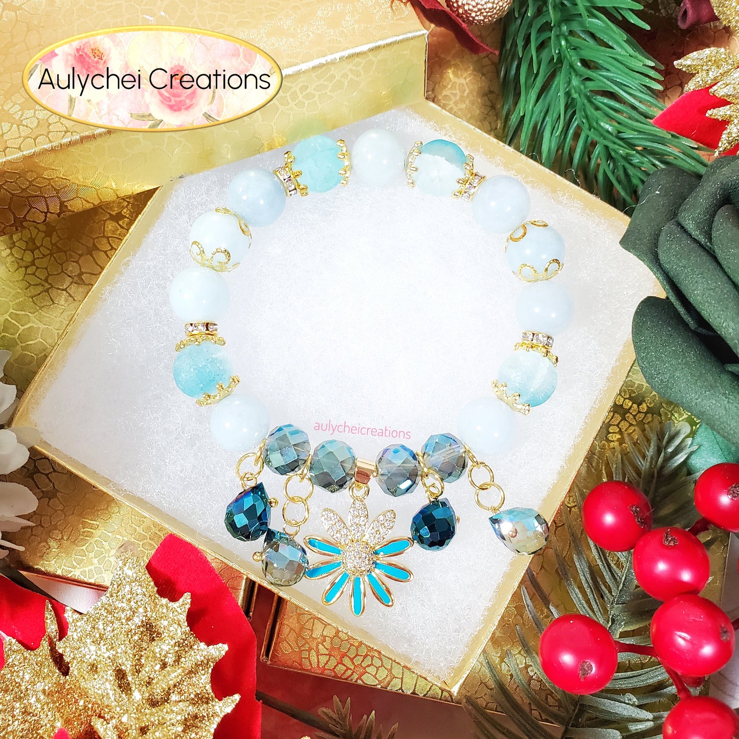 Blue Chalcedony Gemstone Bracelet with 18K Daisy Enamel Charm