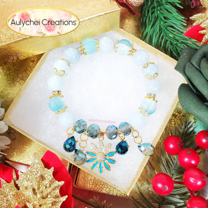 Blue Chalcedony Gemstone Bracelet with 18K Daisy Enamel Charm