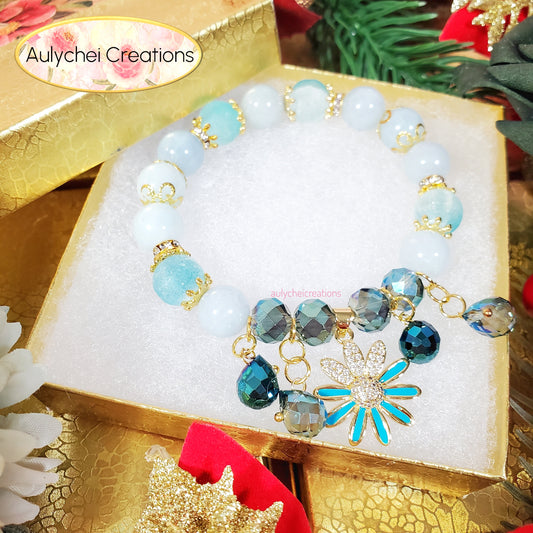 Blue Chalcedony Gemstone Bracelet with 18K Daisy Enamel Charm