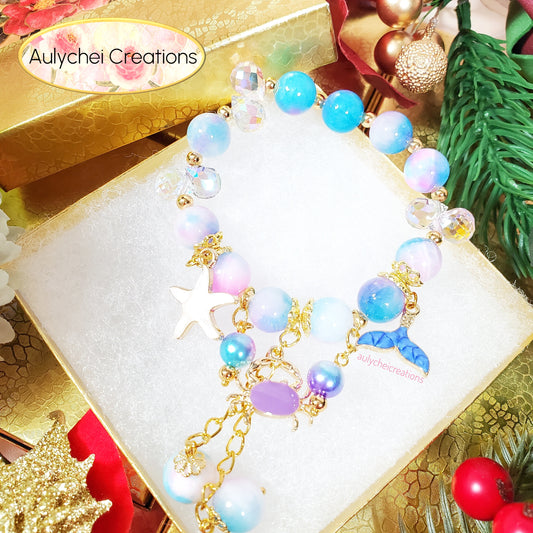 Blue-Purple Jade Gemstone Bracelet with Crab Enamel Charm