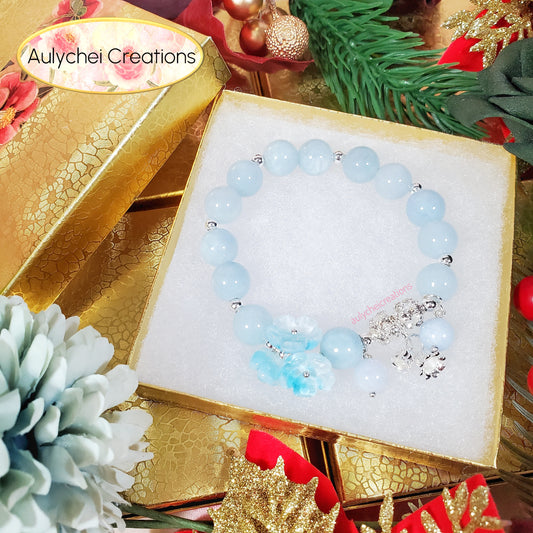 Blue Chalcedony Gemstone Bracelet with Silver Flower Charm