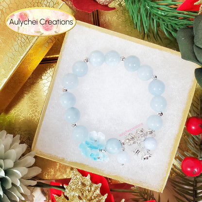 Blue Chalcedony Gemstone Bracelet with Silver Flower Charm