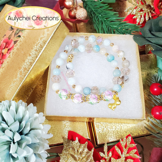 Amazonite Double Wrap Gemstone Bracelet with Gold Bunny Charm