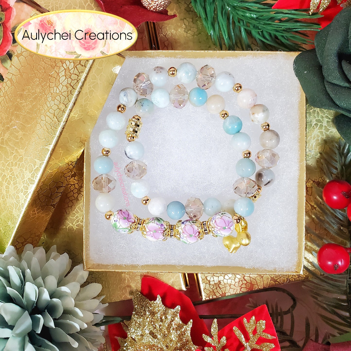 Amazonite Double Wrap Gemstone Bracelet with Gold Bunny Charm