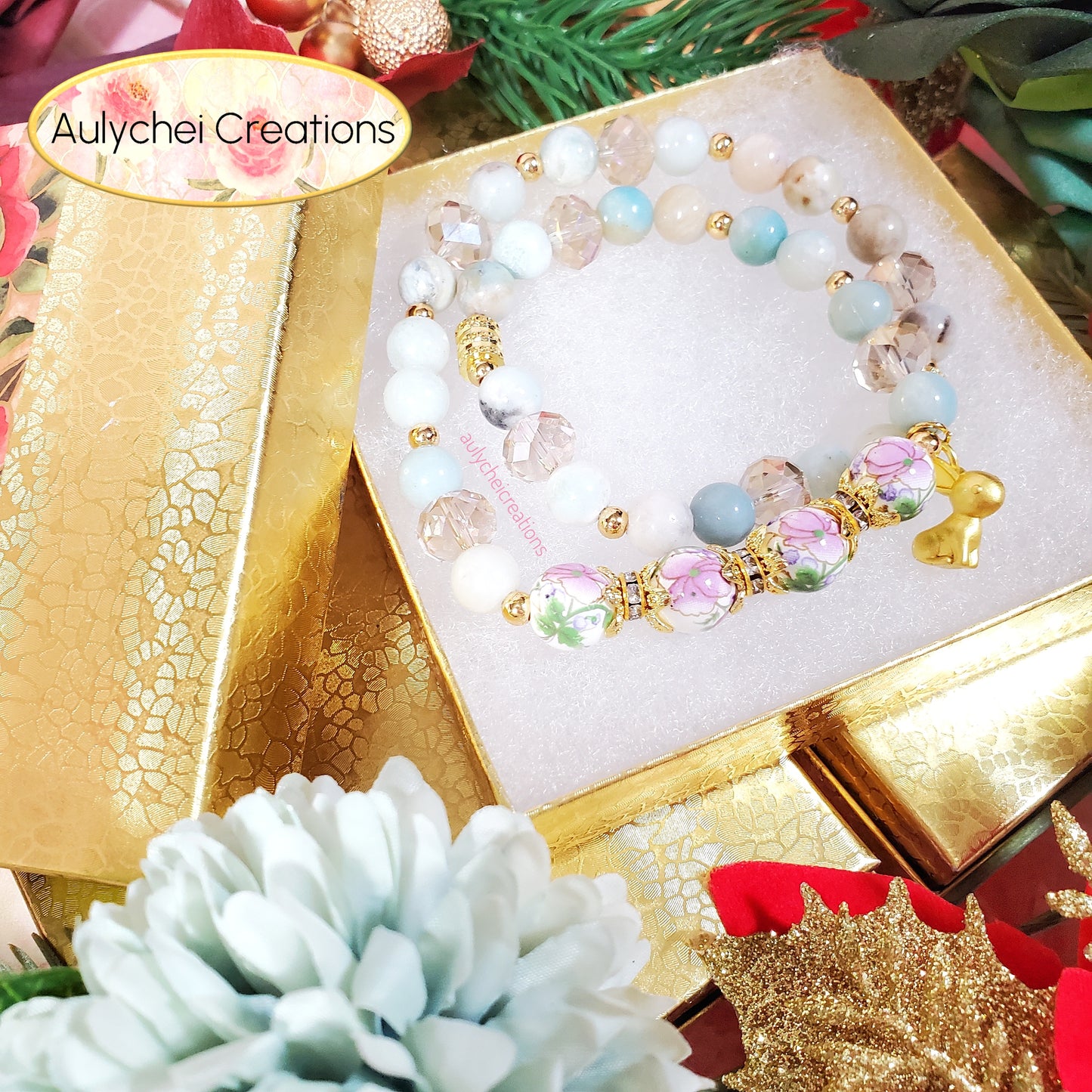 Amazonite Double Wrap Gemstone Bracelet with Gold Bunny Charm