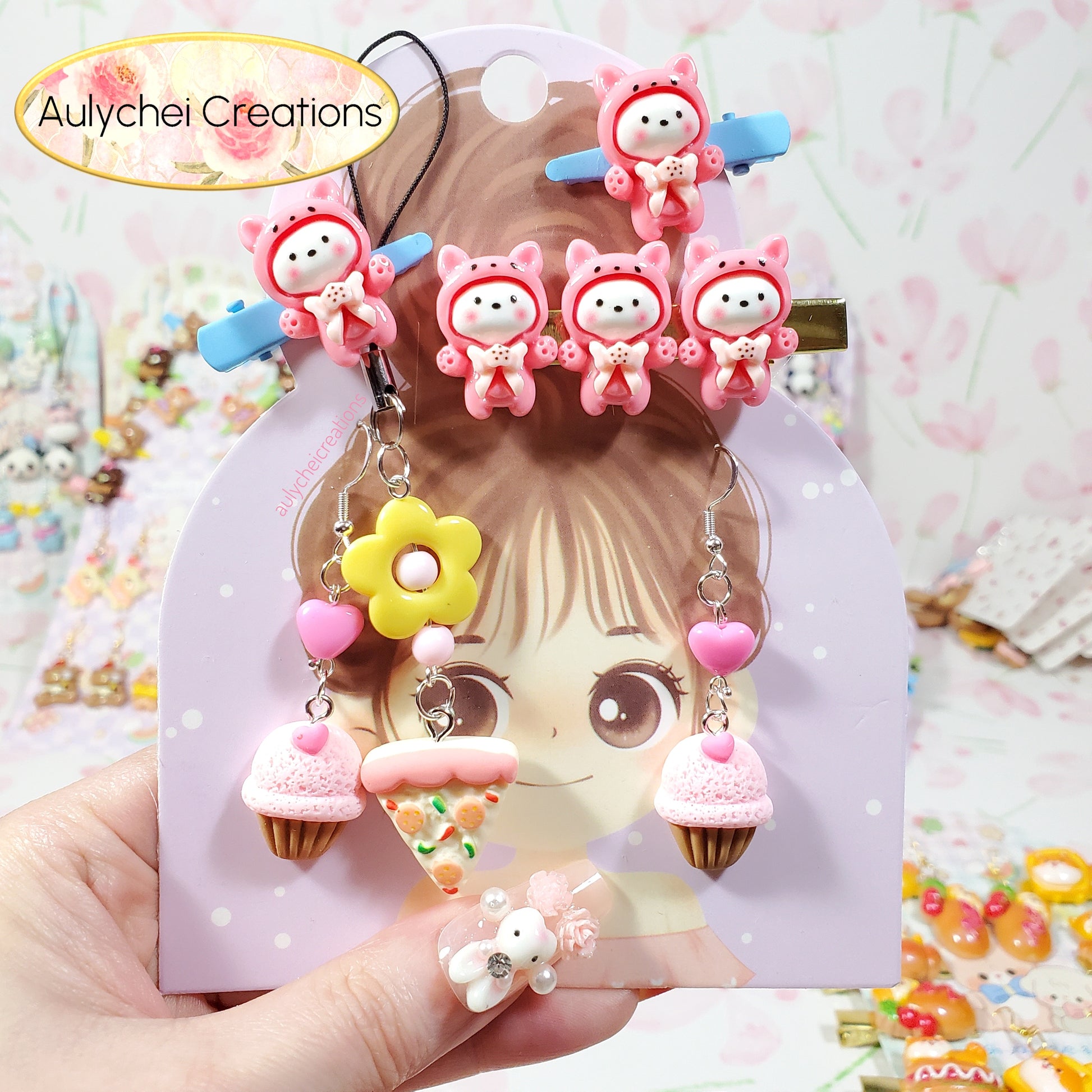Aulychei All Girls Accessories Fun Pack A - Cute Cat Hair Clips, Cute Pizza Keychain, Cupcake Earrings for sale