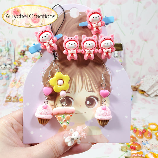 Aulychei All Girls Accessories Fun Pack A - Cute Cat Hair Clips, Cute Pizza Keychain, Cupcake Earrings for sale