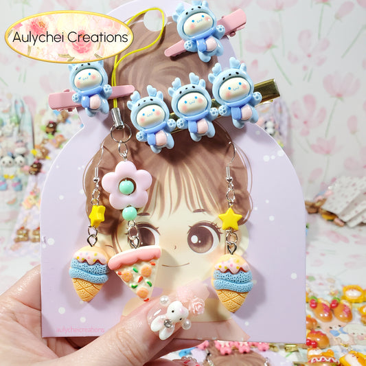 Aulychei All Girls Accessories Fun Pack B - Cute Deer Hair Clips, Cute Pizza Keychain, Ice Cream Cone Earrings