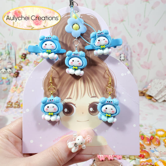 Aulychei All Girls Accessories Fun Pack C - Cute Blue Animal Hair Clips, Keychain, Earrings for sale