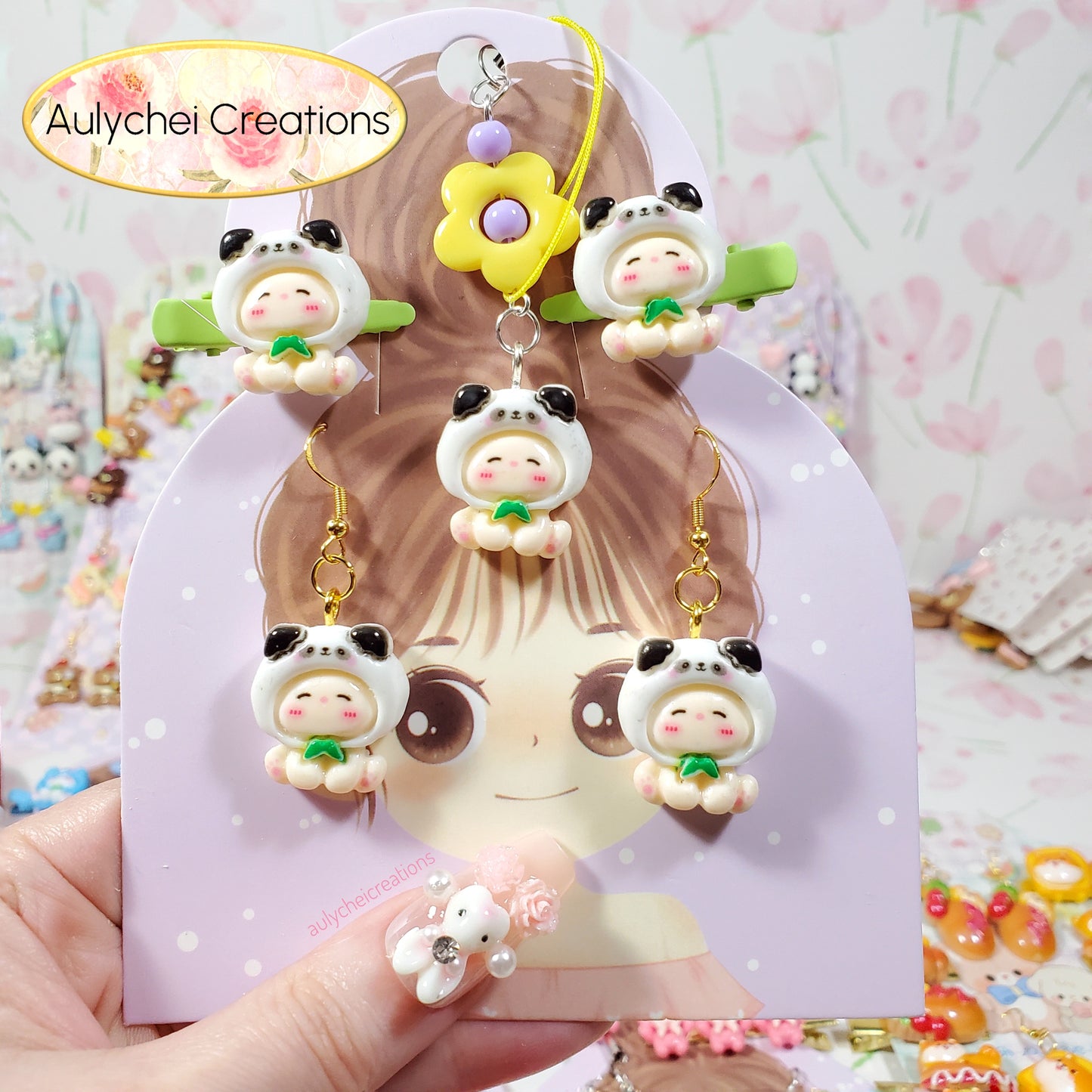 Aulychei All Girls Accessories Fun Pack D - Cute Panda Hair Clips, Panda Keychain, Panda Earrings for Sale