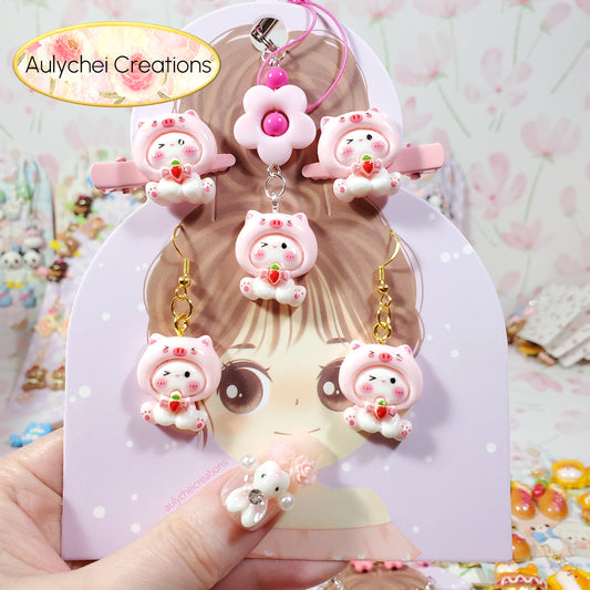 Aulychei All Girls Accessories Fun Pack E - Cute Pig Hair Clips, Pink Pig Keychain, Pink Pig Earrings for sale