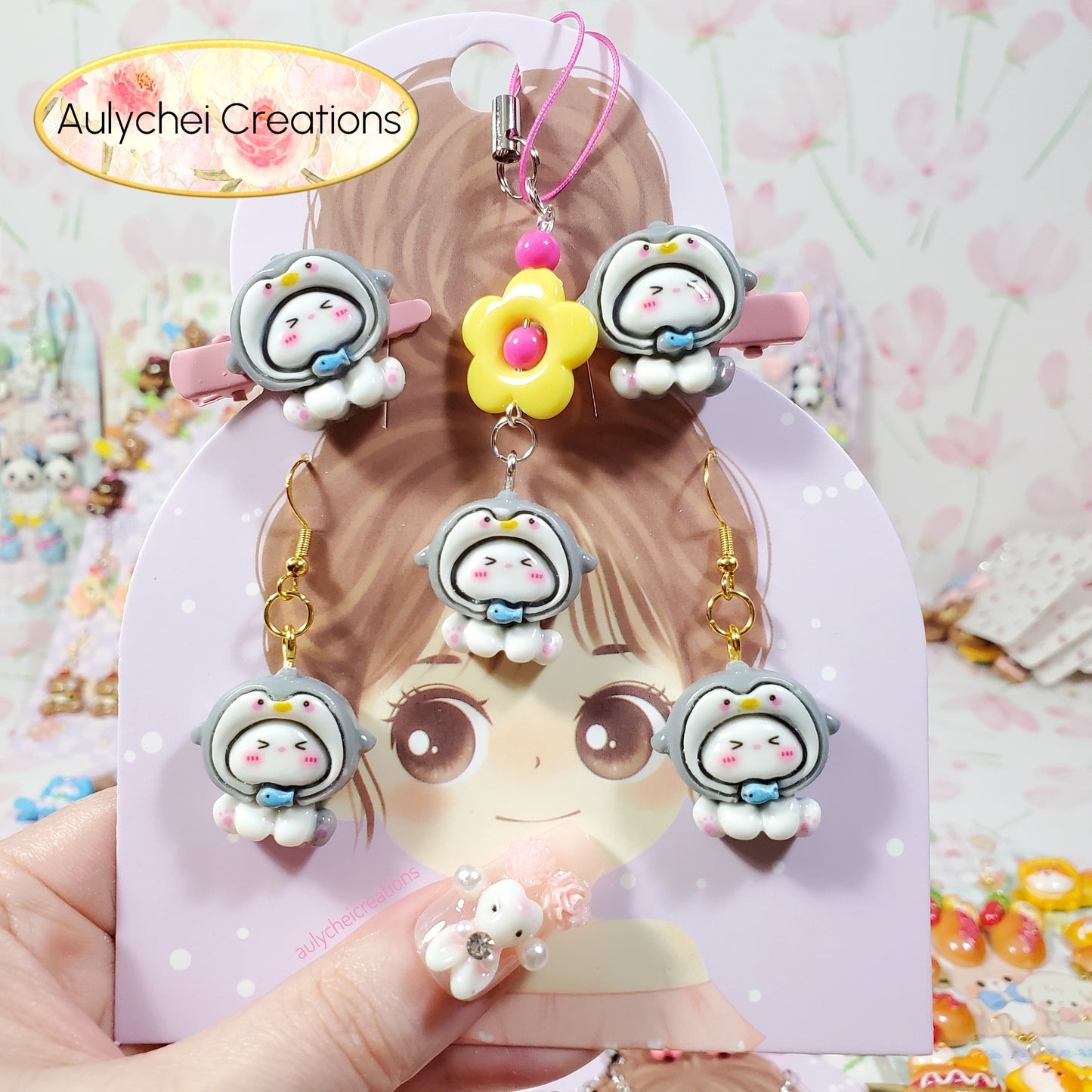 Aulychei All Girls Accessories Fun Pack F - Cute Penguin Hair Clips, Penguin Keychain, Penguin Earrings for sale