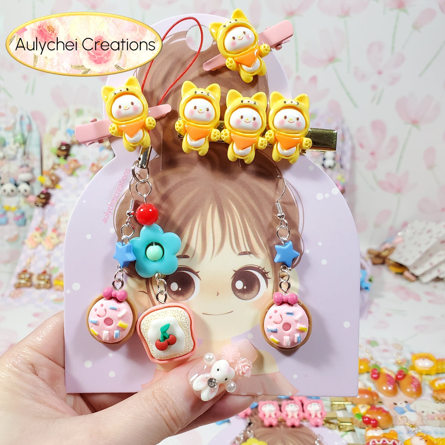Aulychei All Girls Accessories Fun Pack G - Cute Cat Hair Clips, Cute Toast Keychain, Donut Earrings for sale