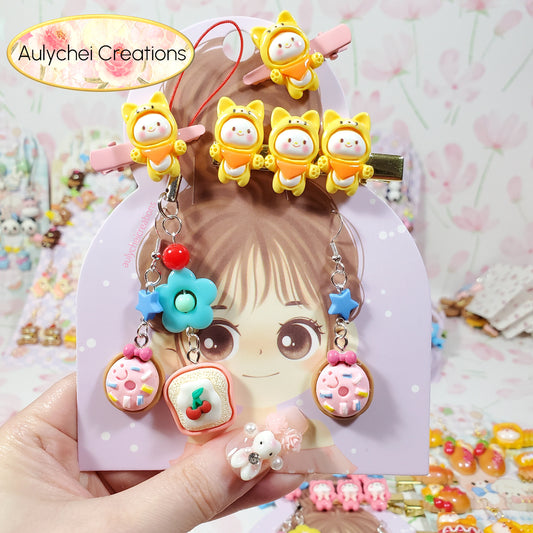 Aulychei All Girls Accessories Fun Pack G - Cute Cat Hair Clips, Cute Toast Keychain, Donut Earrings for sale