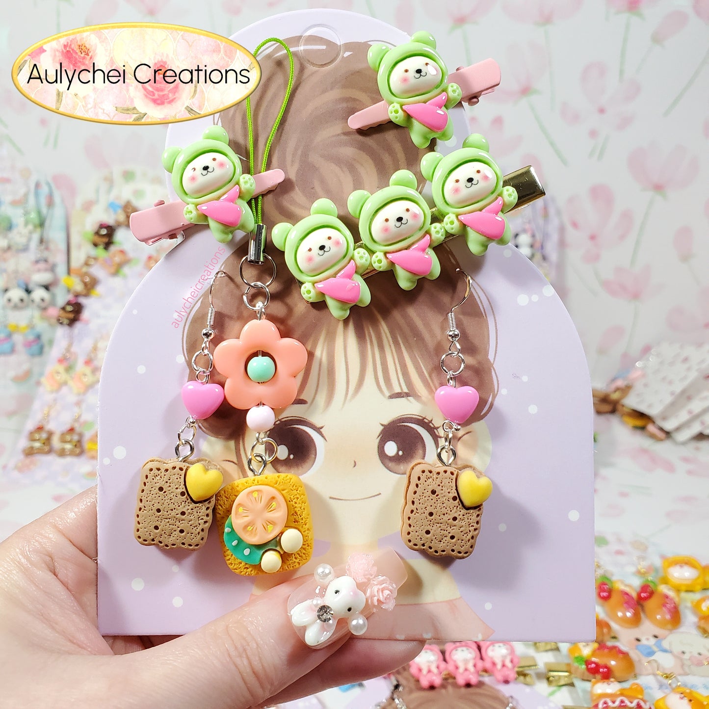 Aulychei All Girls Accessories Fun Pack H - Cute Bear Hair Clips, Cute Toast Keychain, Cookie Biscuit Earrings for Sale
