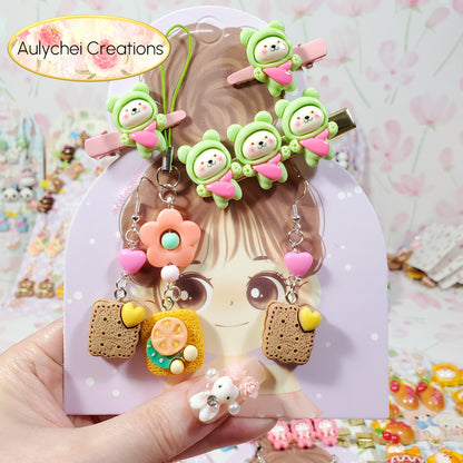 Aulychei All Girls Accessories Fun Pack H - Cute Bear Hair Clips, Cute Toast Keychain, Cookie Biscuit Earrings for Sale