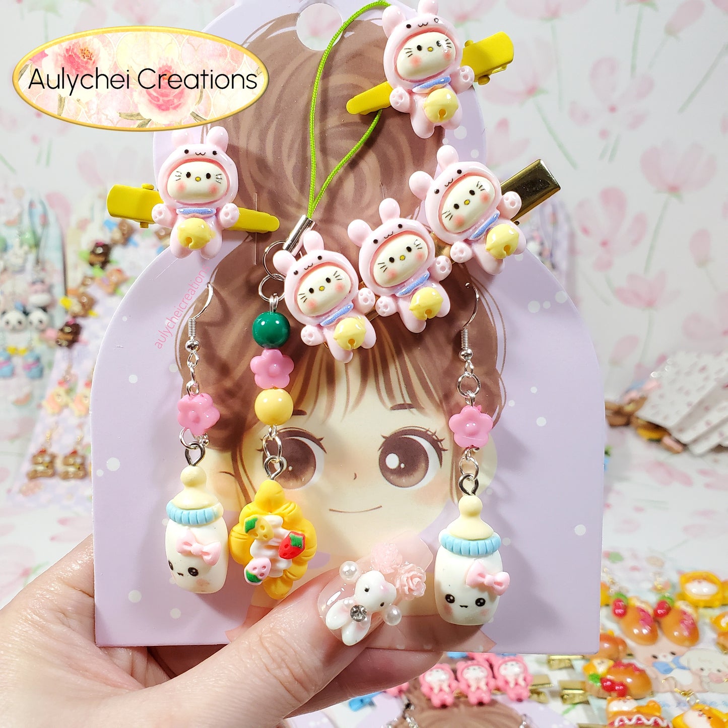 Aulychei All Girls Accessories Fun Pack I - Cute Bunny Hair Clips, Cute Croissant Keychain, Milk Bottle Earrings for sale