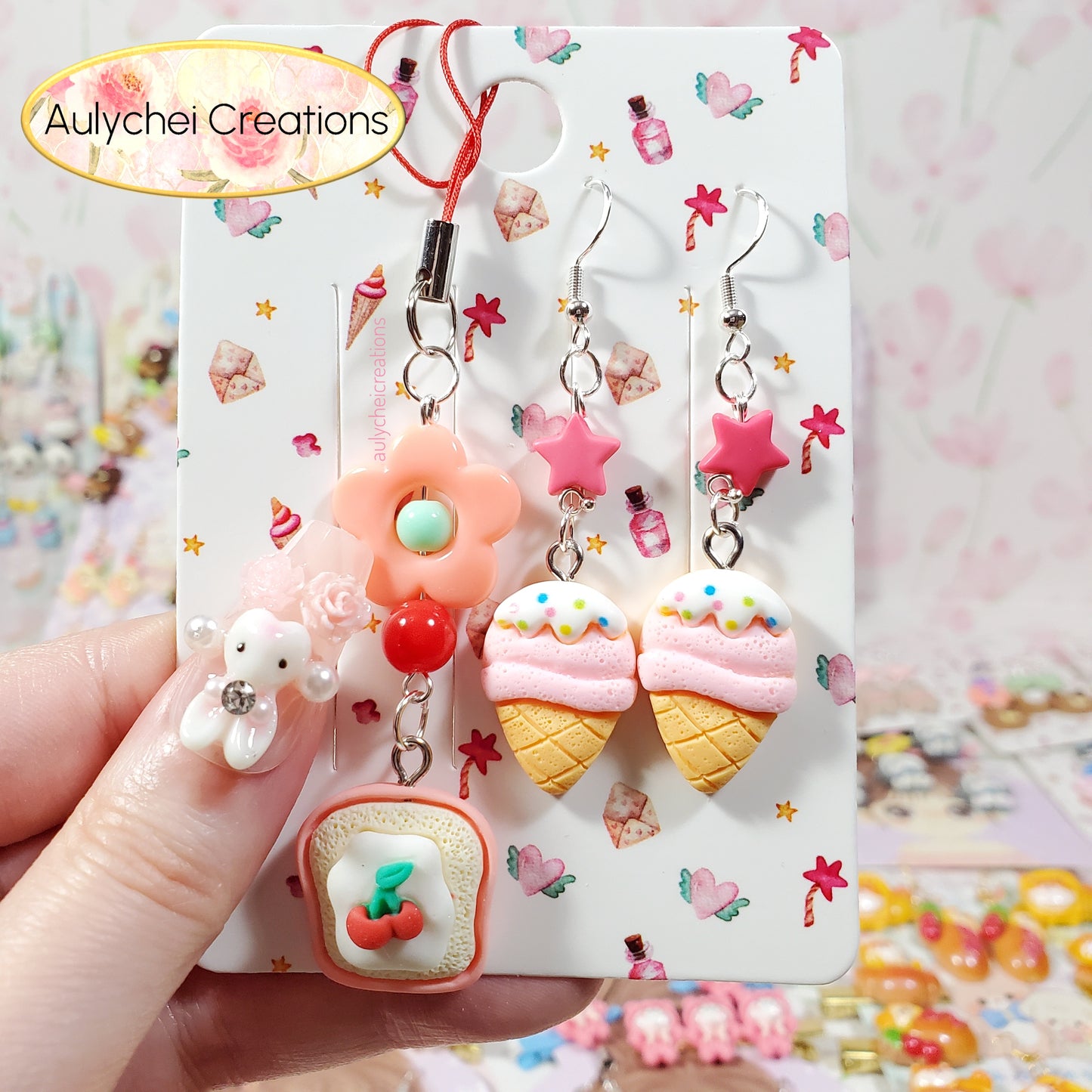 Aulychei Cutie Accessories Party Pack Cute Ice Cream Cone Earrings, Cute Fruit Toast Charm Keychain for sale