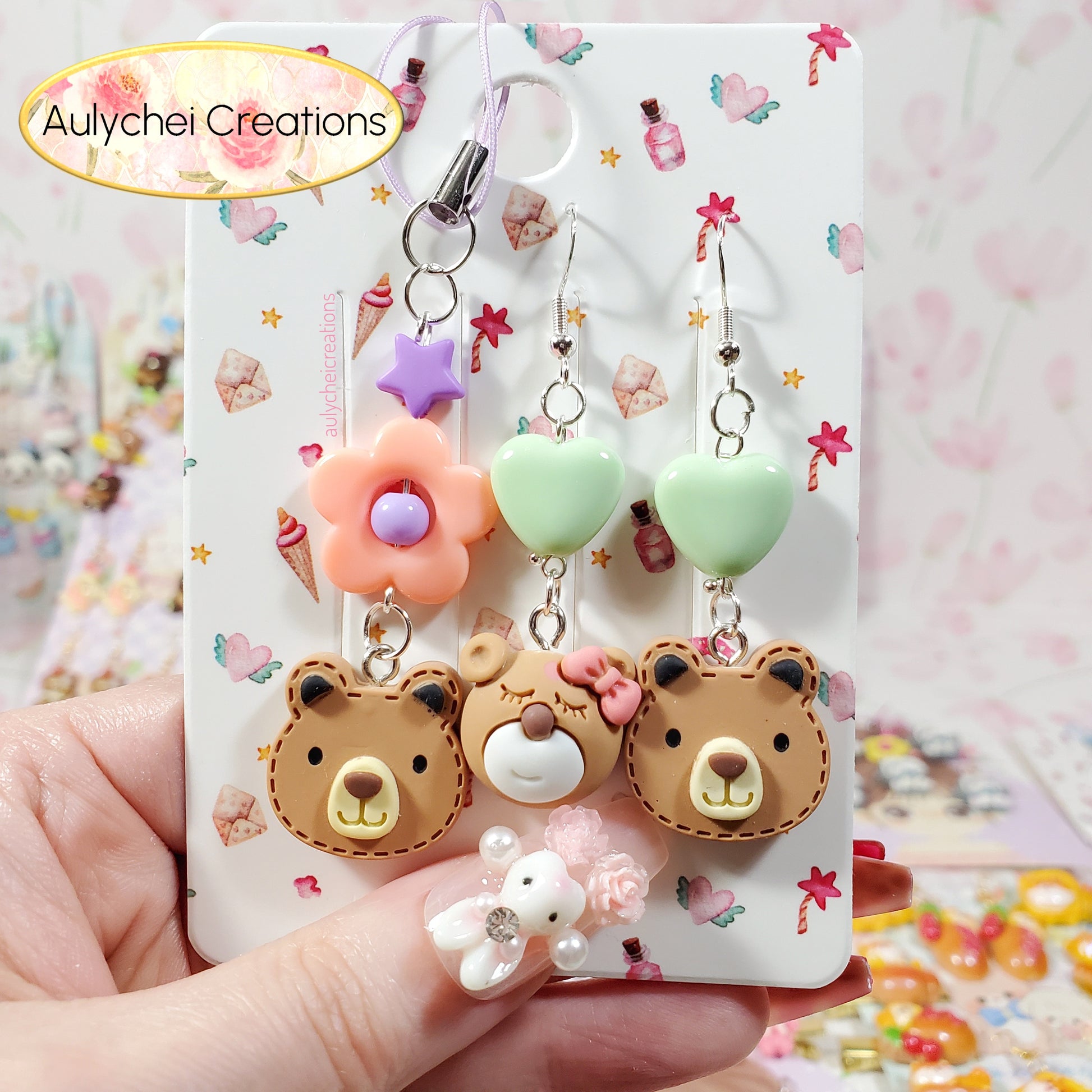 Aulychei Cutie Accessories Party Pack Cute Bear Earrings, Cute Bear Charm Keychain 02 for sale