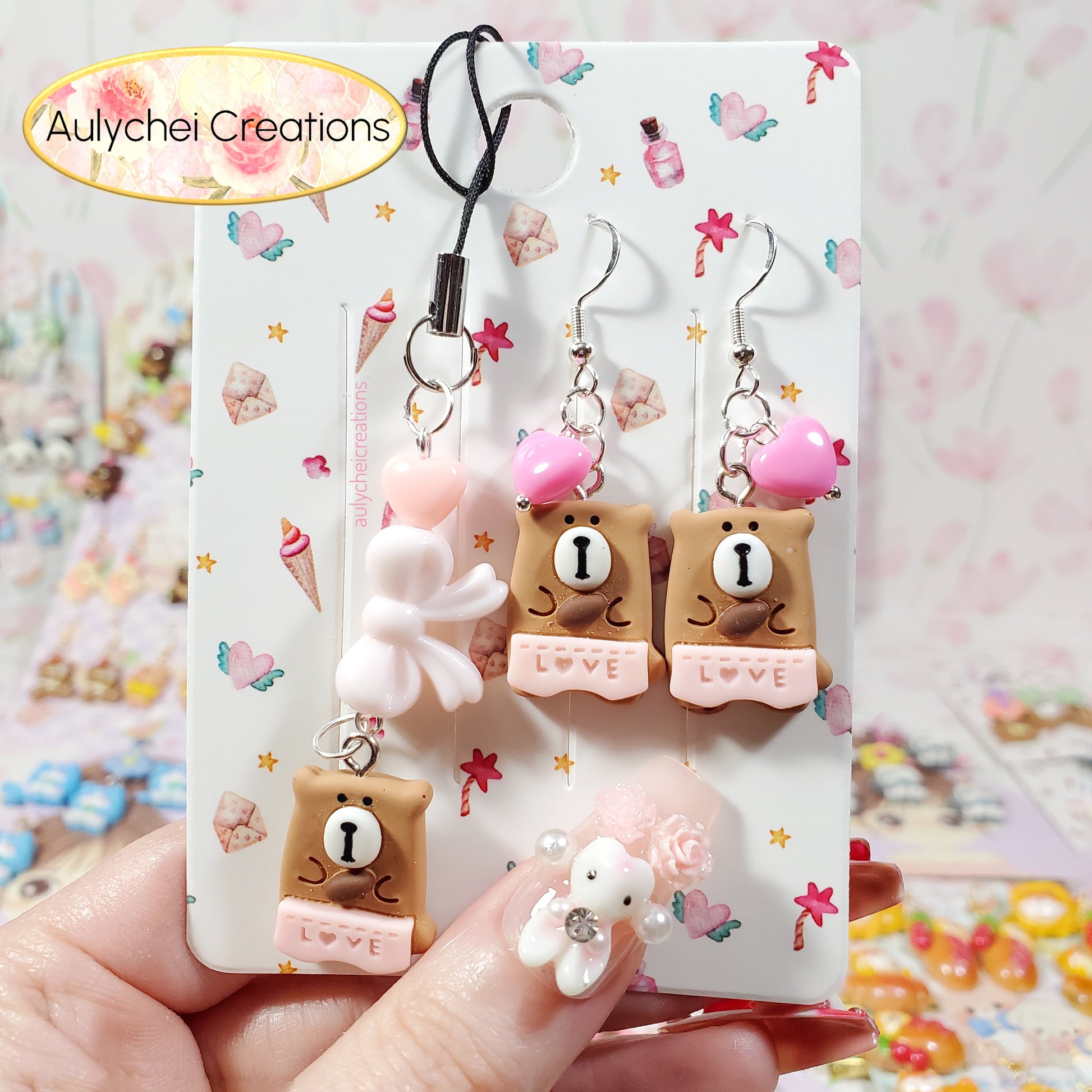 Aulychei Cutie Accessories Party Pack Cute Bear Earrings, Cute Bear Charm Keychain 03 for sale