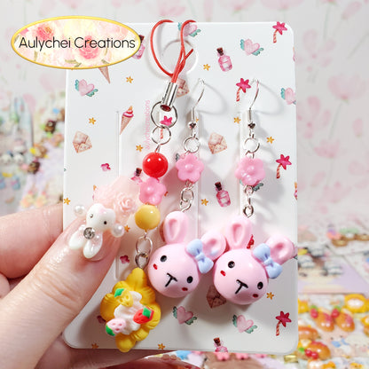 Aulychei Cutie Accessories Party Pack Cute Bunny Earrings, Cute Croissant Charm Keychain for sale