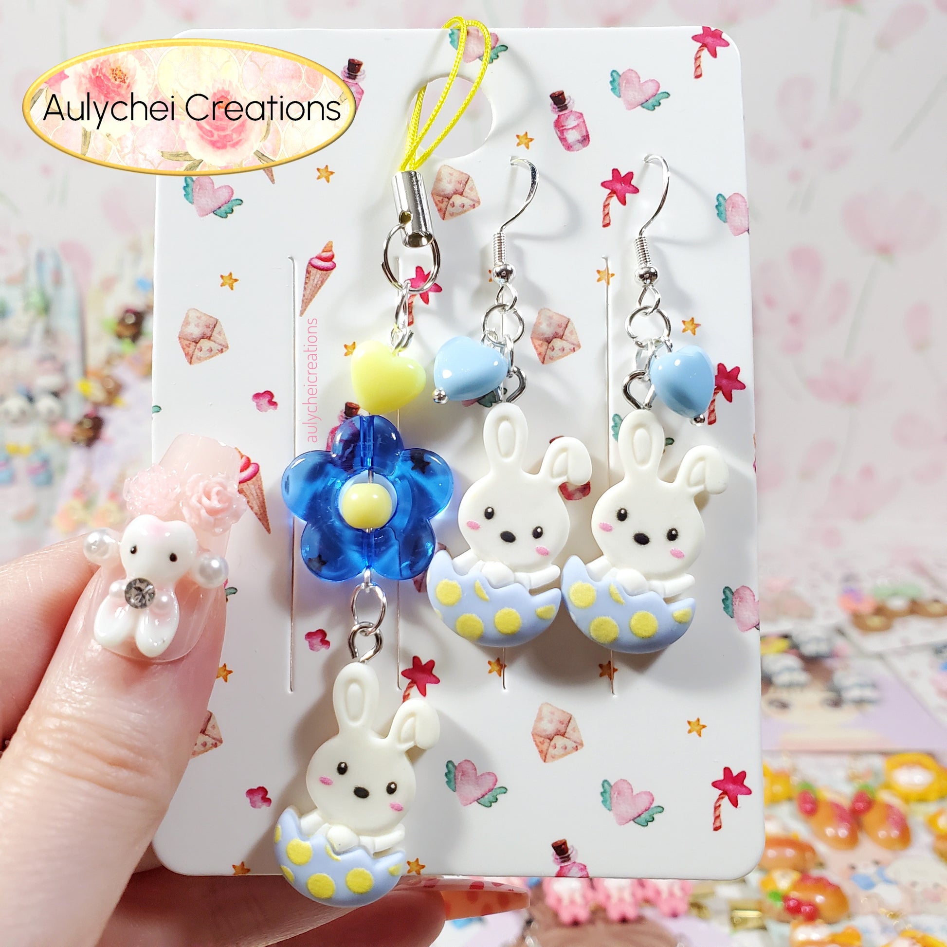 Aulychei Cutie Accessories Party Pack Cute Egg Bunny Earrings, Cute Egg Bunny Charm Keychain for sale