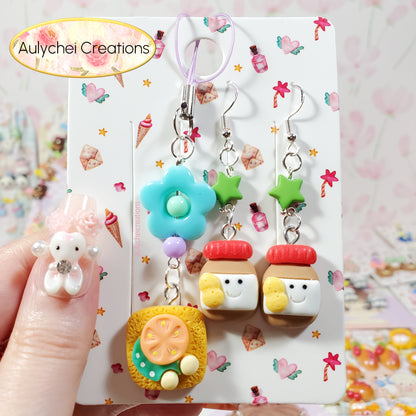 Aulychei Cutie Accessories Party Pack Cute Peanut Jar Earrings, Cute Toast Charm Keychain for sale