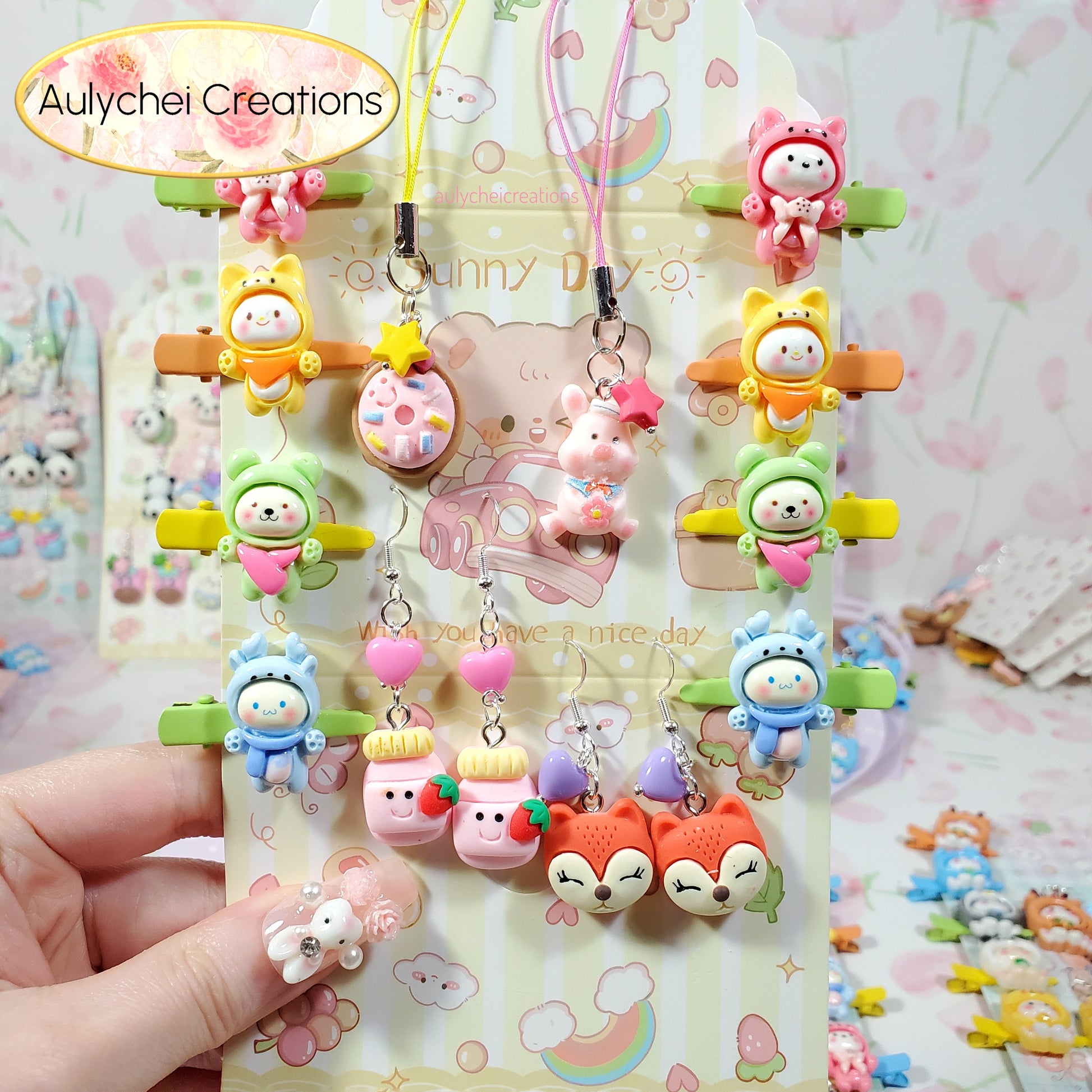 Aulychei Mega Accessories Party Pack 01 - 2 Pairs Cute Animal Earrings, 2 Cute Animal Phone Charms, 8 Cute Animal Hair Clips for sale