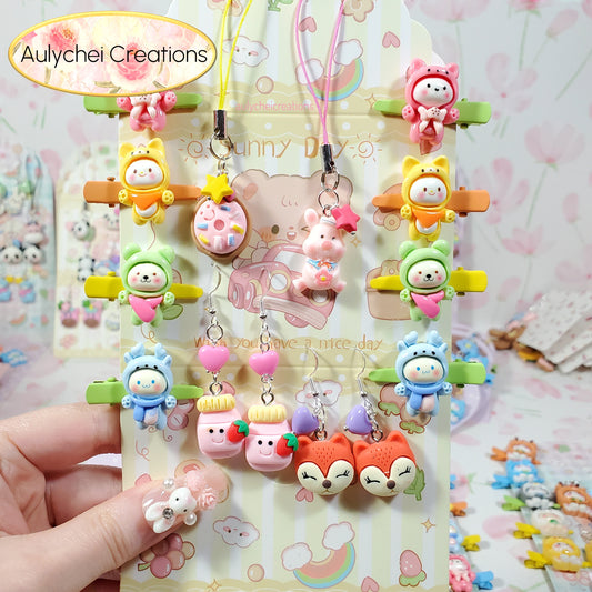 Aulychei Mega Accessories Party Pack 01 - 2 Pairs Cute Animal Earrings, 2 Cute Animal Phone Charms, 8 Cute Animal Hair Clips for sale
