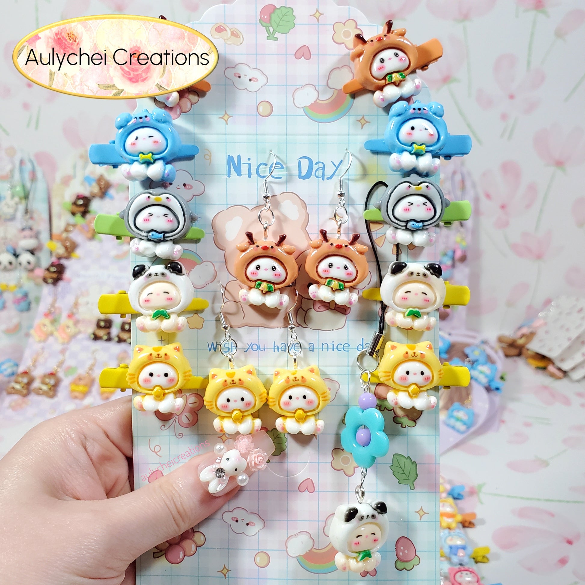 Aulychei Mega Accessories Party Pack 05 - 2 Pair Cute Animal Earrings, 1 Cute Animal Phone Charm, 10 Cute Animal Hair Clips for Sale