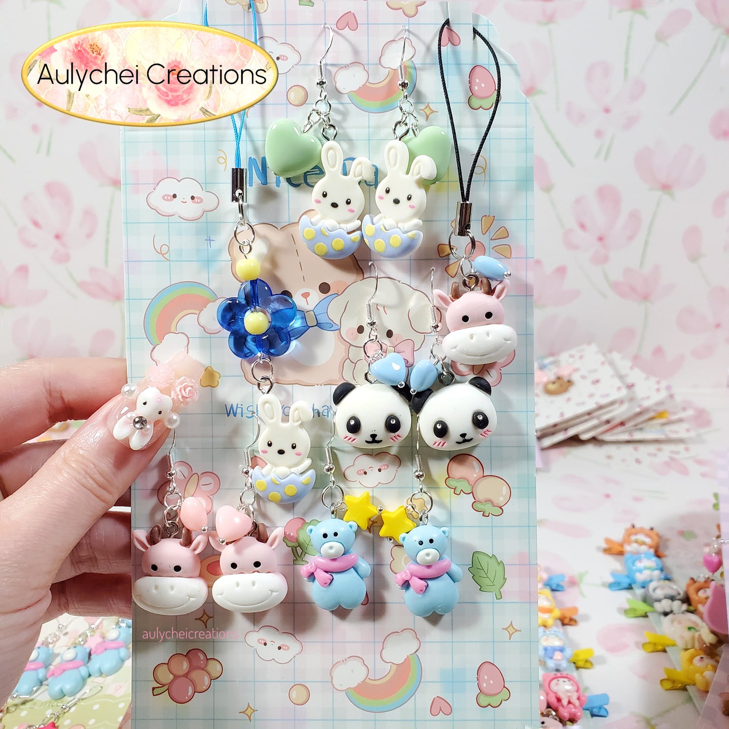 Aulychei Mega Accessories Party Pack A - 4 Pairs Cute Animal Earrings, 2 Cute Animal Phone Charm for sale