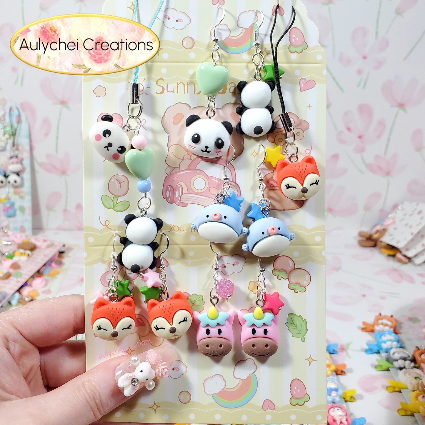 Aulychei Mega Accessories Party Pack B - 4 Pairs Cute Animal Earrings, 2 Cute Animal Phone Charm for sale