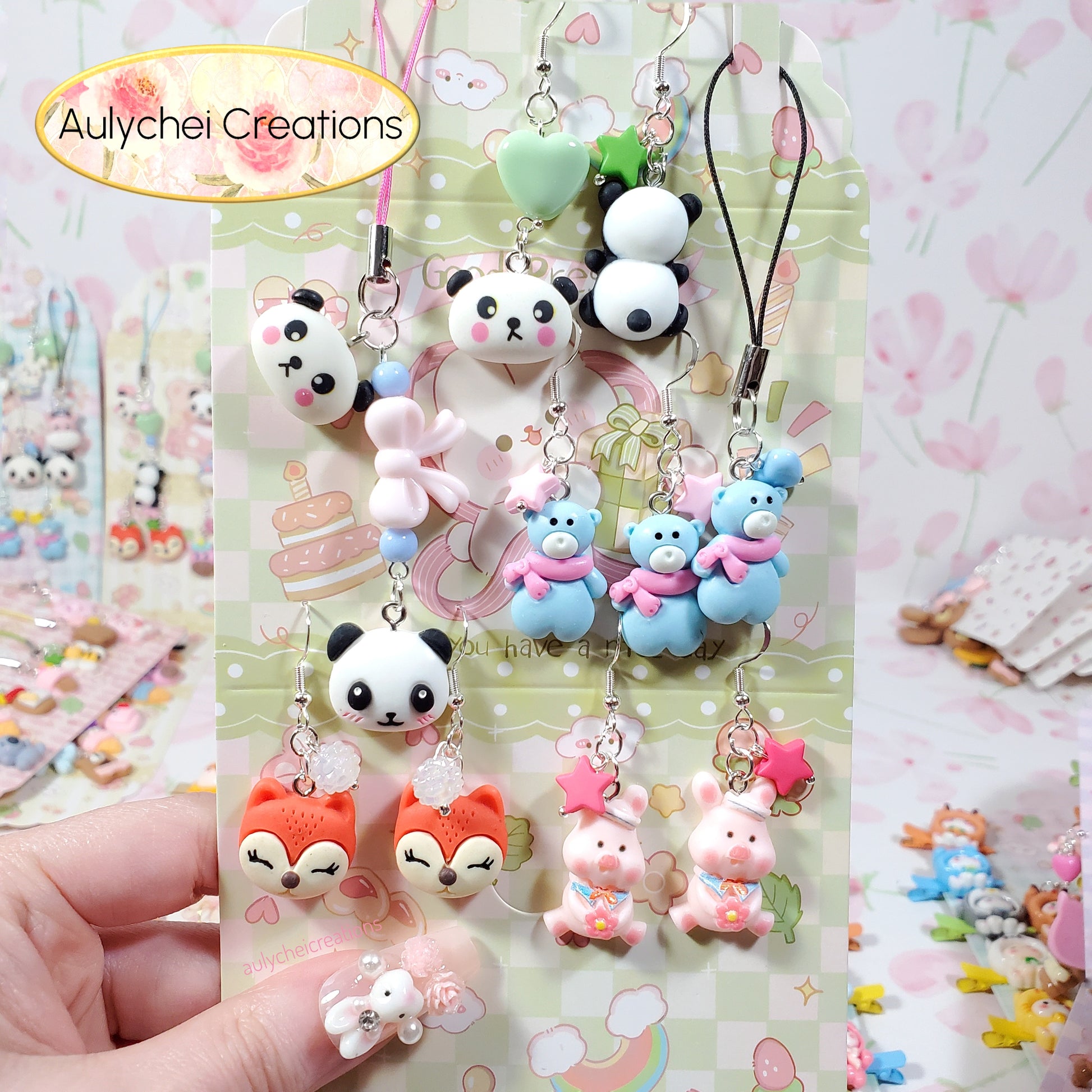 Aulychei Mega Accessories Party Pack C - 4 Pairs Cute Animal Earrings, 2 Cute Animal Phone Charm for sale