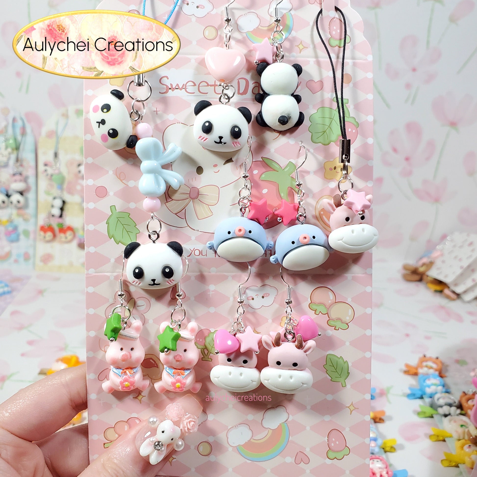 Aulychei Mega Accessories Party Pack D - 4 Pairs Cute Animal Earrings, 2 Cute Animal Phone Charm for sale