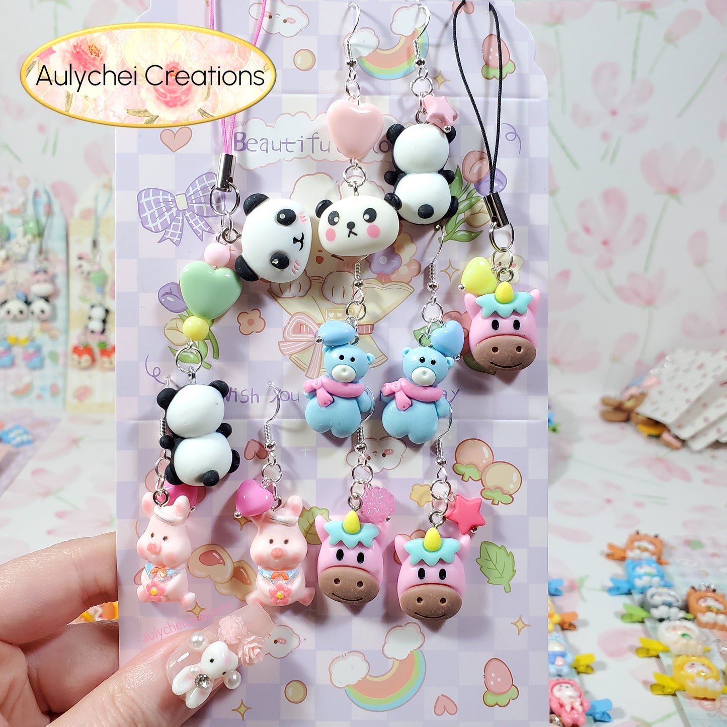 Aulychei Mega Accessories Party Pack E - 4 Pairs Cute Animal Earrings, 2 Cute Animal Phone Charm for sale