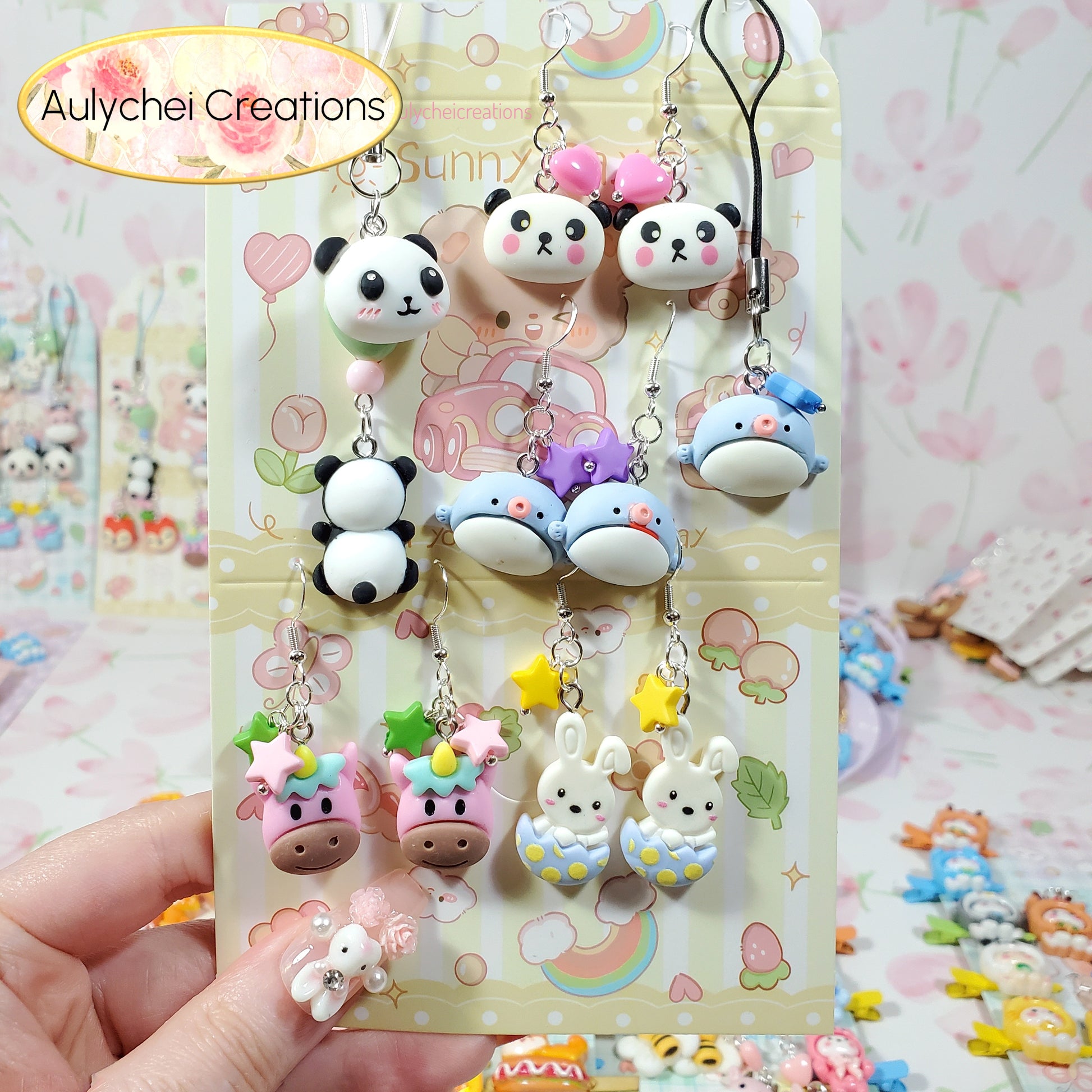 Aulychei Mega Accessories Party Pack F - 4 Pairs Cute Animal Earrings, 2 Cute Animal Phone Charm for sale