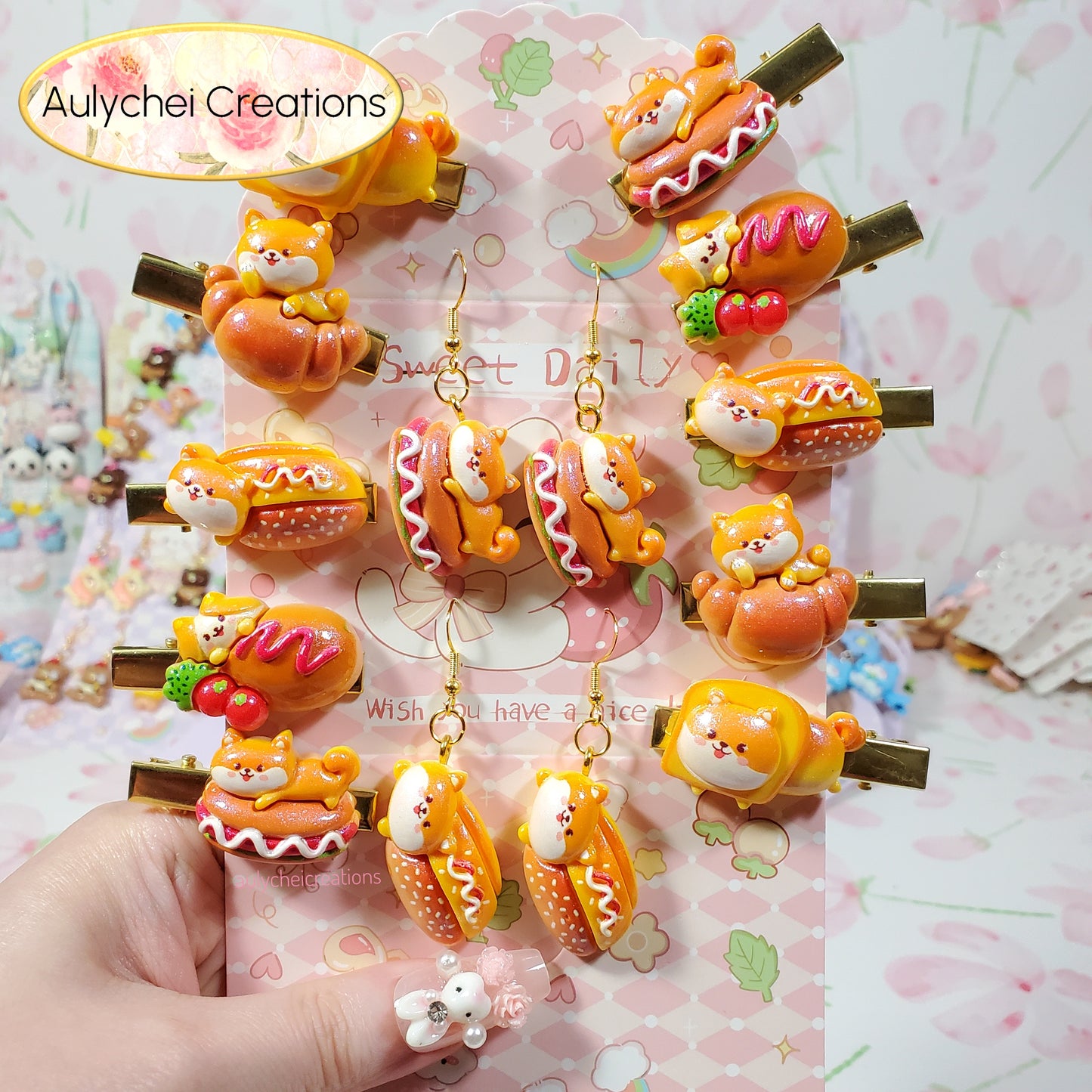 Aulychei Mega Accessories Party Pack Shiba A - 2 Pair Shiba Dog Bakery Earrings, 10 Shiba Dog Bakery Hair Clips for Sale