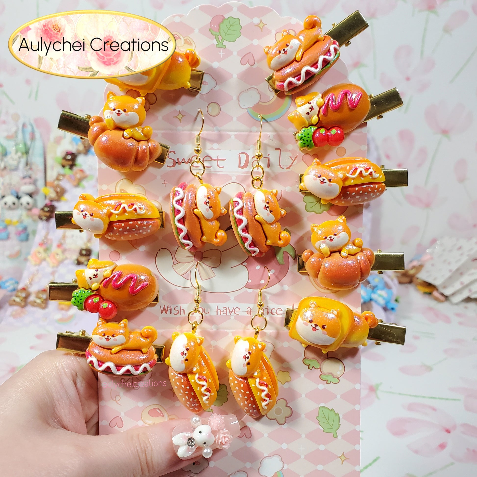 Aulychei Mega Accessories Party Pack Shiba A - 2 Pair Shiba Dog Bakery Earrings, 10 Shiba Dog Bakery Hair Clips for Sale