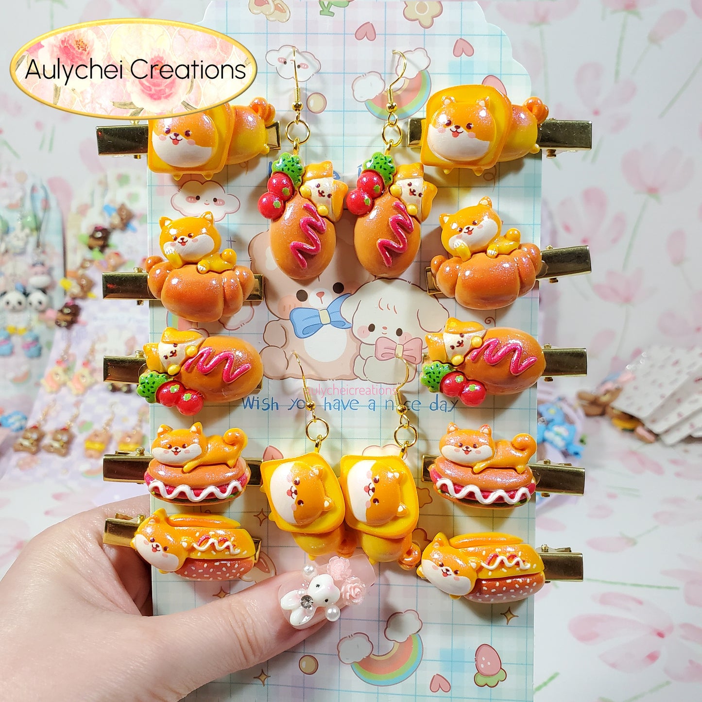 Aulychei Mega Accessories Party Pack Shiba B - 2 Pair Shiba Dog Bakery Earrings, 10 Cute Shiba Dog Bakery Hair Clips for Sale
