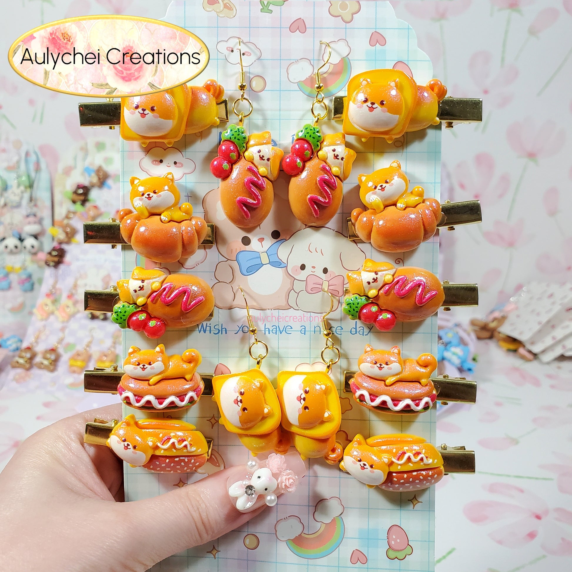 Aulychei Mega Accessories Party Pack Shiba B - 2 Pair Shiba Dog Bakery Earrings, 10 Cute Shiba Dog Bakery Hair Clips for Sale