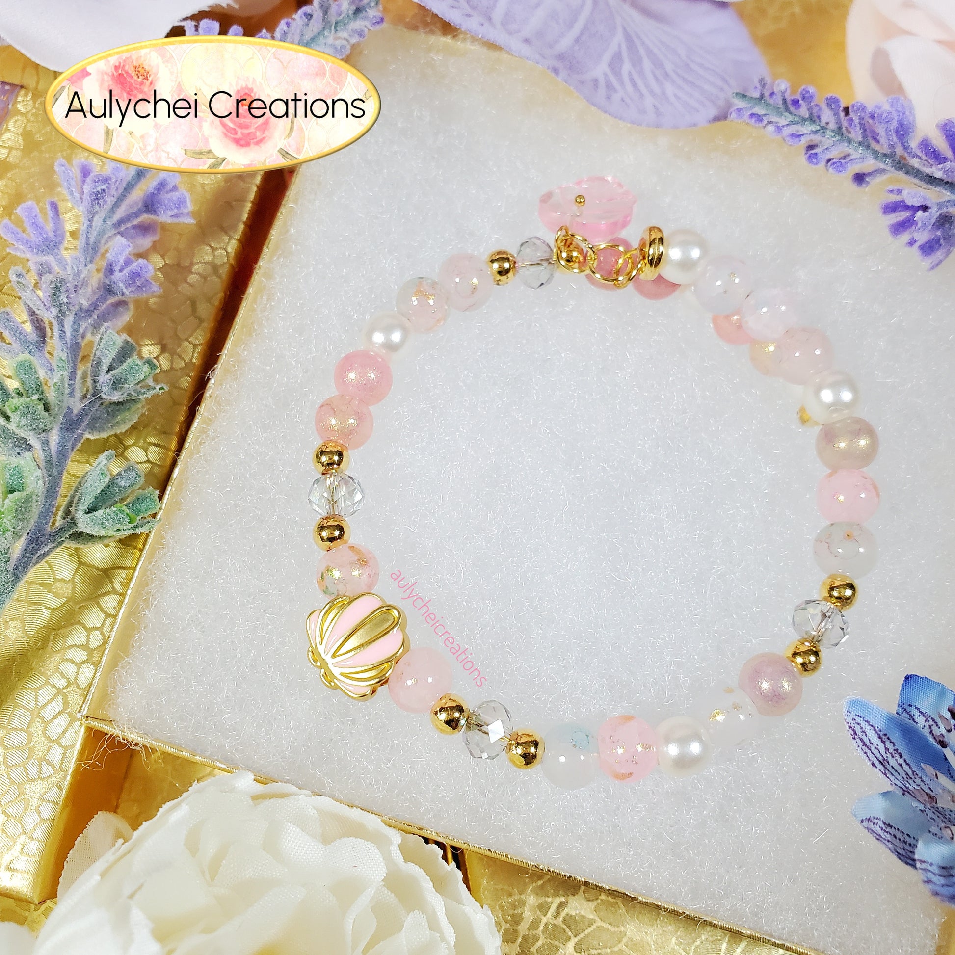 Baby Pink Glass Beaded Enamel Seashell Wrap Bracelet