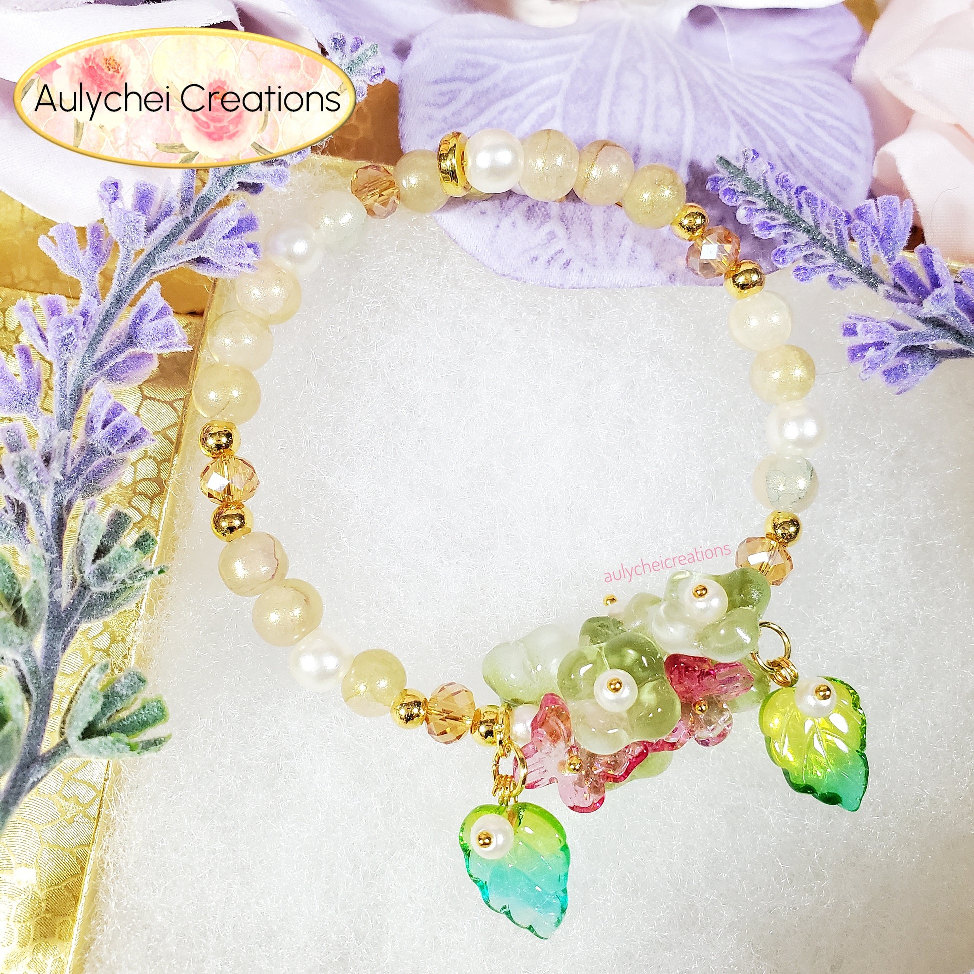 Beige Glass Flower and Butterfly Beaded Wrap Bracelet